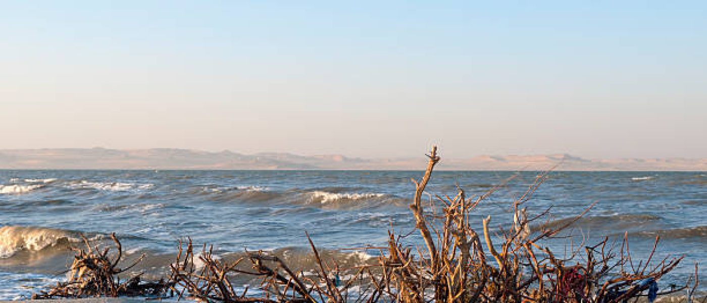 Landscape of desert and Lake Qarun in the Fayoum, Egypt.